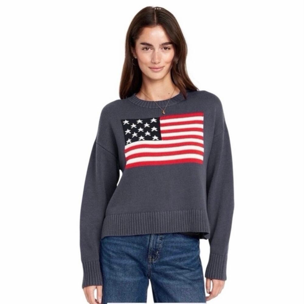 Old Navy Womens XL American Flag Crew Neck Sweater Navy Blue 100% Cotton USA